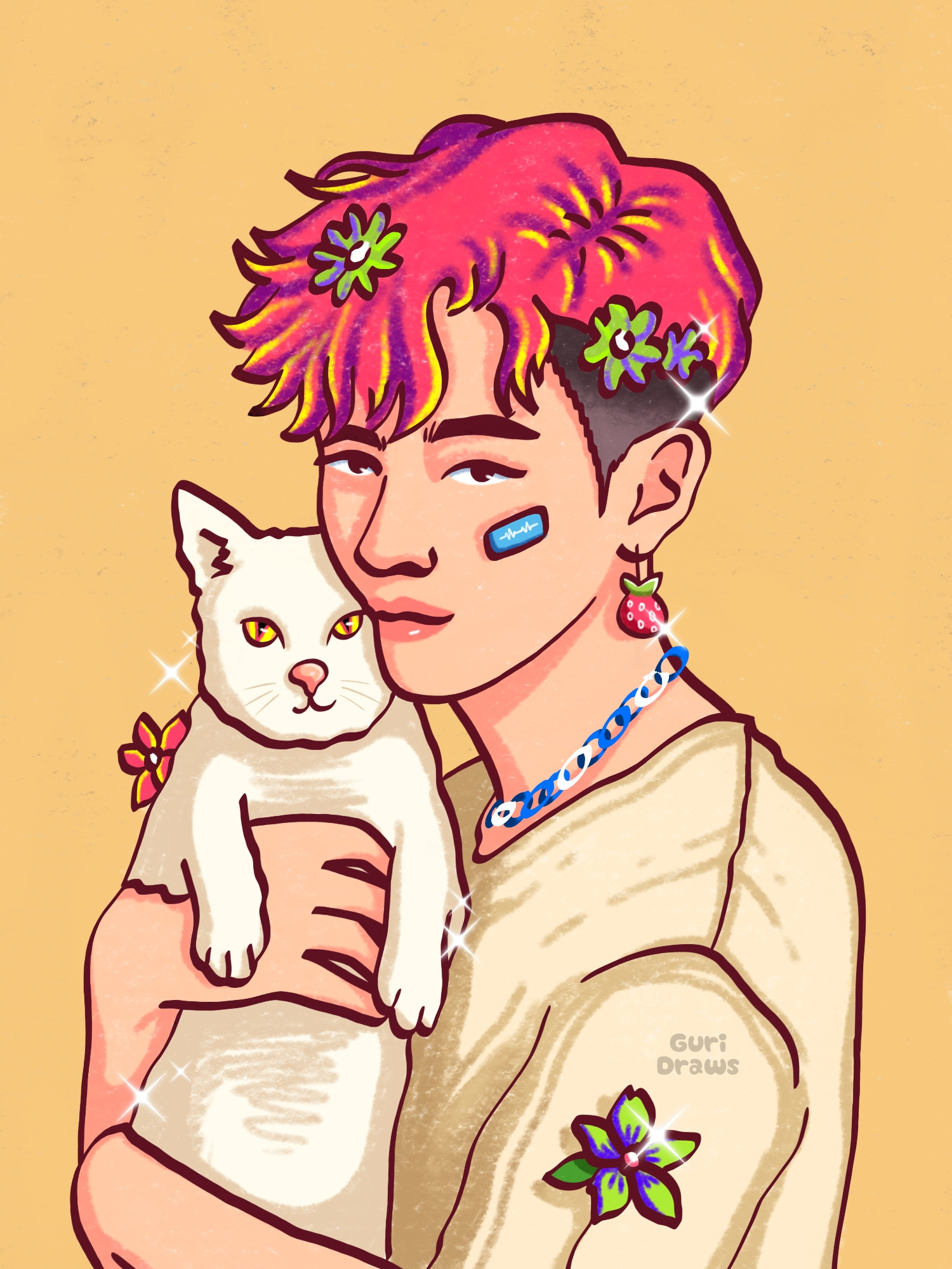 Man & Cat portrait 2d animal art artist cat character colorful design digital art diversity fashion flower illustration people portrait red