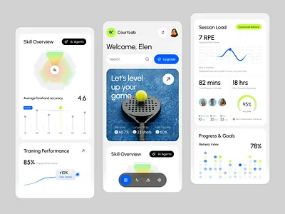 CourtLab – Player Analytics Mobile Dashboard clean dashboard goals graphic design minimalist mobile modern padel performance player progress recovery skill tenis training ui ux