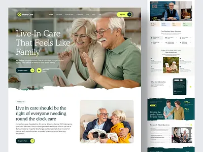 HomeCare - Live-In Care Landing Page Exploration 🌿 adult care clean design elderly care service elders healthcare home care for seniors home care service nursing supplement for senior therapy trending ui ui design uiux wellness