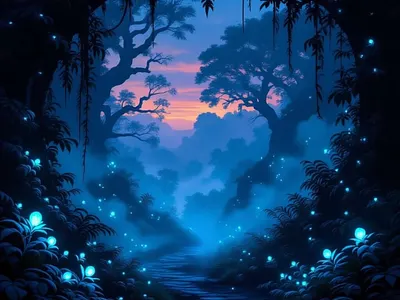 Magic blue forest illustration landscape magic mist misty orange reflections scenery scenic sun sunset trees