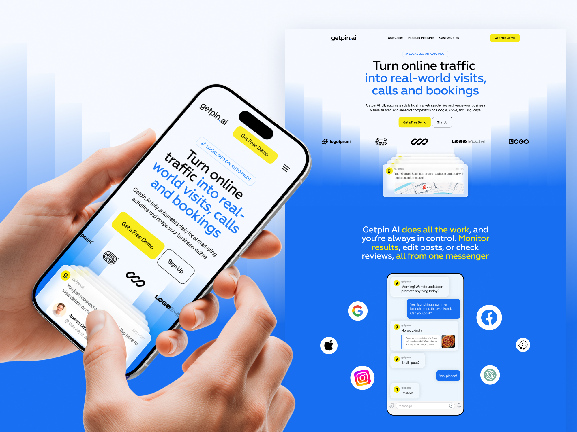 Getpin | AI-Powered B2B SaaS Landing Page for Local Marketing ai b2b figma framer landing page redesign responsive design saas startup ui ux webdesign webflow website website design wordpress