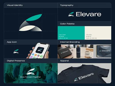Elevare Brand Identity & Visual System brand guidelines brand identity branding system color palette corporate branding design system digital branding employee engagement geometric logo icon design leadership platform logo design marketing collateral merchandise mockup minimalist design modern design professional branding typography visual identity wordmark