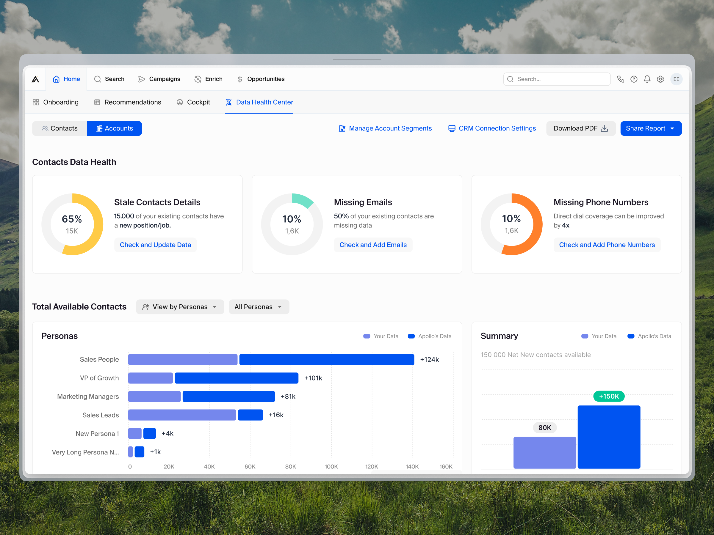 Data Health Center concept for Apollo.io apollo clearbit crm dashboard data design enrichment light listing material ui waterfall