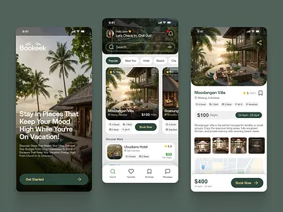 Bookek - Booking App app booking booking app cavation clean figma green hotel interface intuitive minimalist mobile shot stay ui ux white