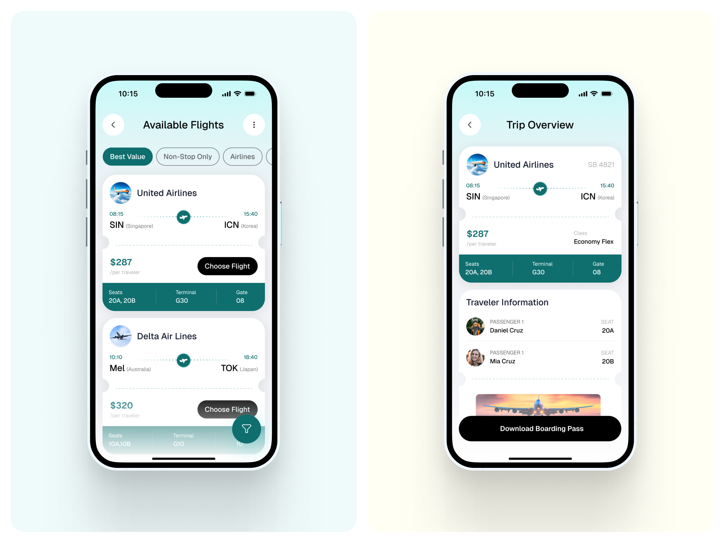 Flight Booking & Trip Overview Mobile App airline tickets app design boarding pass flight booking flight search mobile app prototype travel app trip overview wireframe