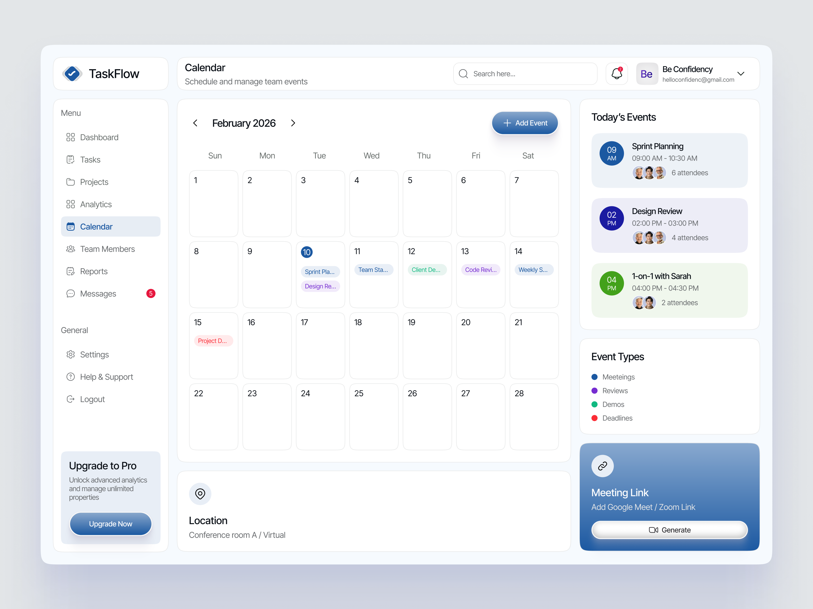 TaskFlow — Team Calendar & Event Management Dashboard | SaaS Web interface product service startup ui ux web
