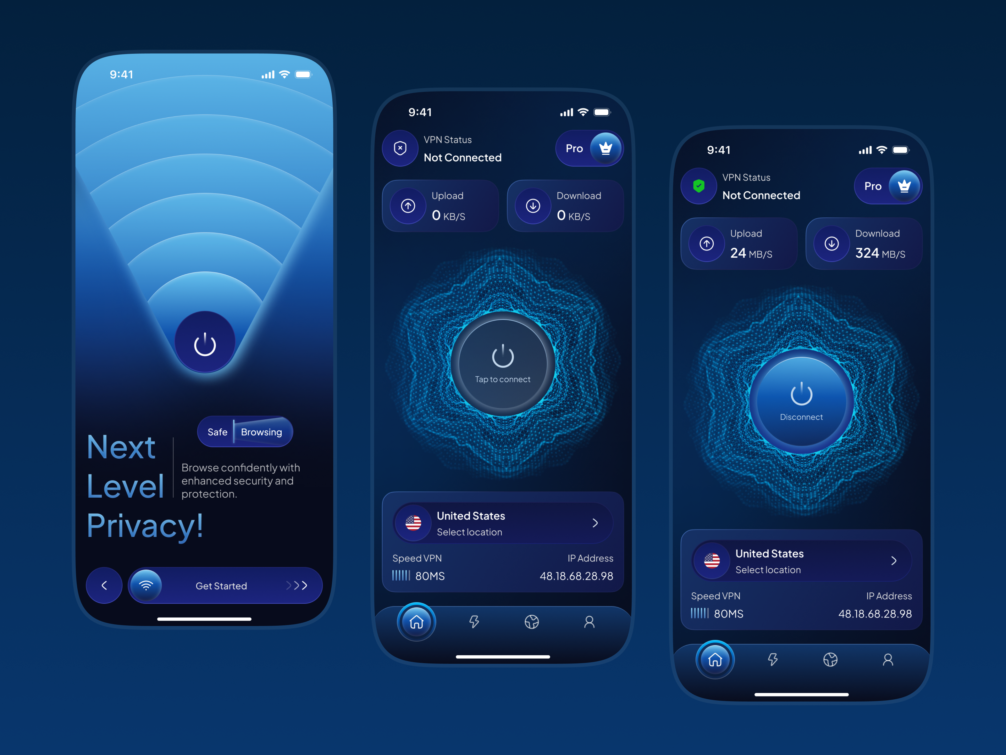 VPN Mobile App UI app app design connection country dashboard futuristic graph greadient internet mobile mobile app secure security stats vpn vpn app