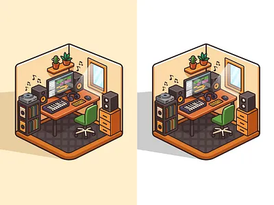 Cookin’ beats in Music Studio🎧🎼✨ branding computer doodle flat icon illustration interior isometric keyboard logo music musician production record room studio technology workspace