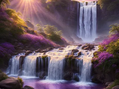 Waterfall blue flowers illustration landscape purple scenery scenic sun sunbeams sunrays water waterfall