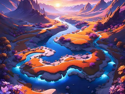 River beautiful colorful design fkowers illustration landscape mountains orange purple river scenery scenic sunset