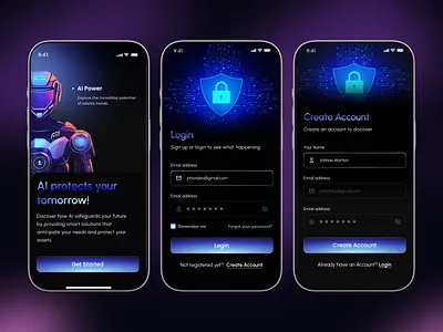 Cyber Security AI App Onboarding Design ai appdesign apponboarding artificialintelligence cybersecurity darkui mobiledesign onboarding securityapp uidesign uiux uxdesign vpnapp