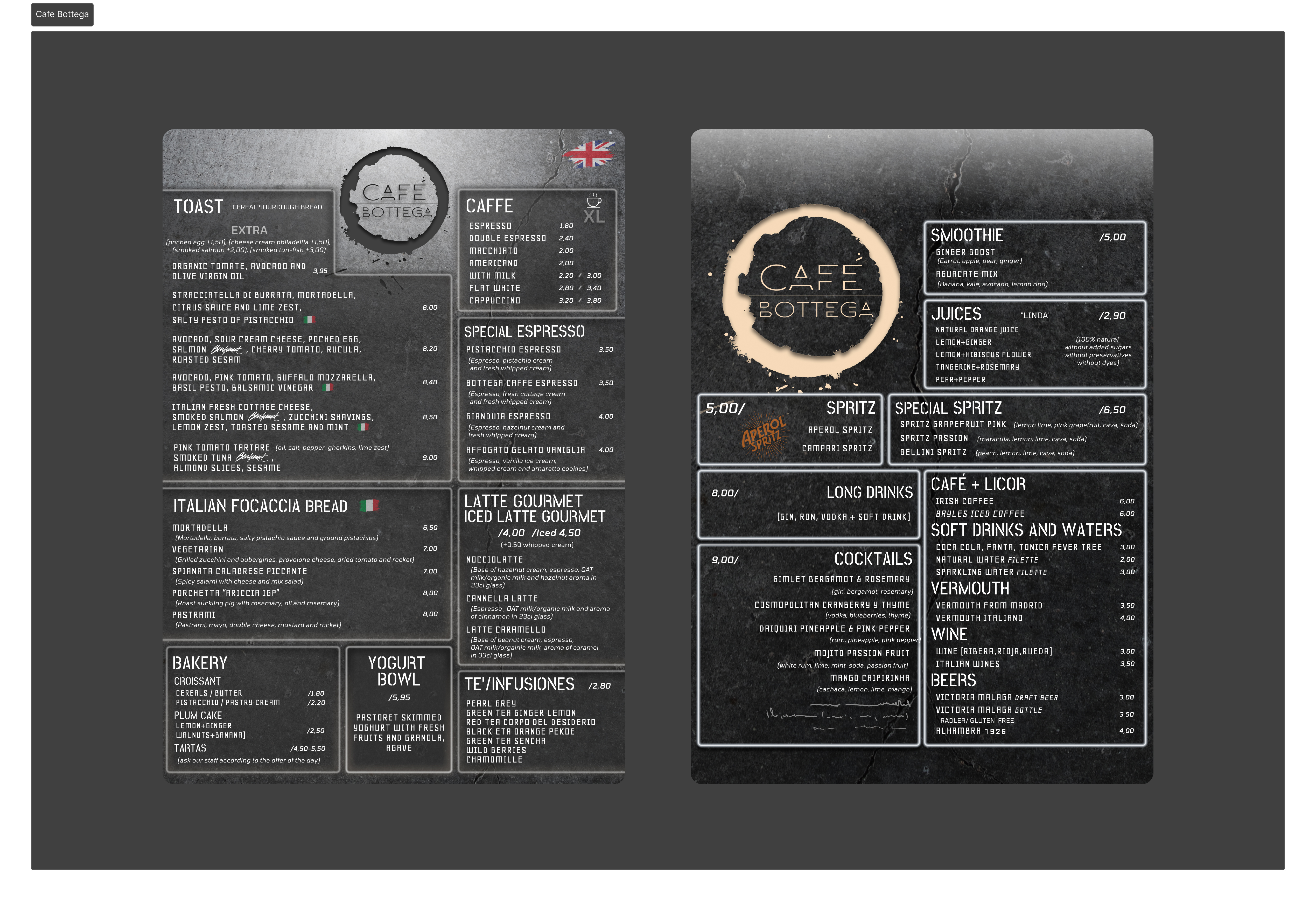 Industrial Menu Design: Café Bottega graphicdesign industrialstyle italianvibes layoutdesign madriddesign menudesign restaurantbranding