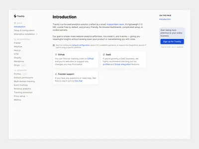 Trackly - Documentation Page branding button card configuration dashboard design documentation integration logo saas setup sidebar ui ux webapp website