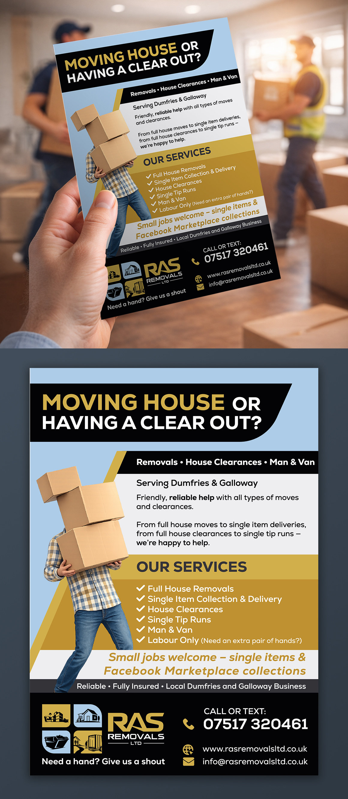Bold Removals & Clearances Flyer a5 flyer bold headline clearance flyer cmyk contact strip door drop local services marketing collateral poster print ready promotional leaflet removals flyer service icons typography vector source
