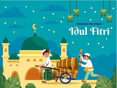Group of Children Happily Pulling a Cart background celebrating celebration culture eid fest festival festive fitr greeting holy islam islamic moslem mubarak muslim prayer ramadan religion traditional