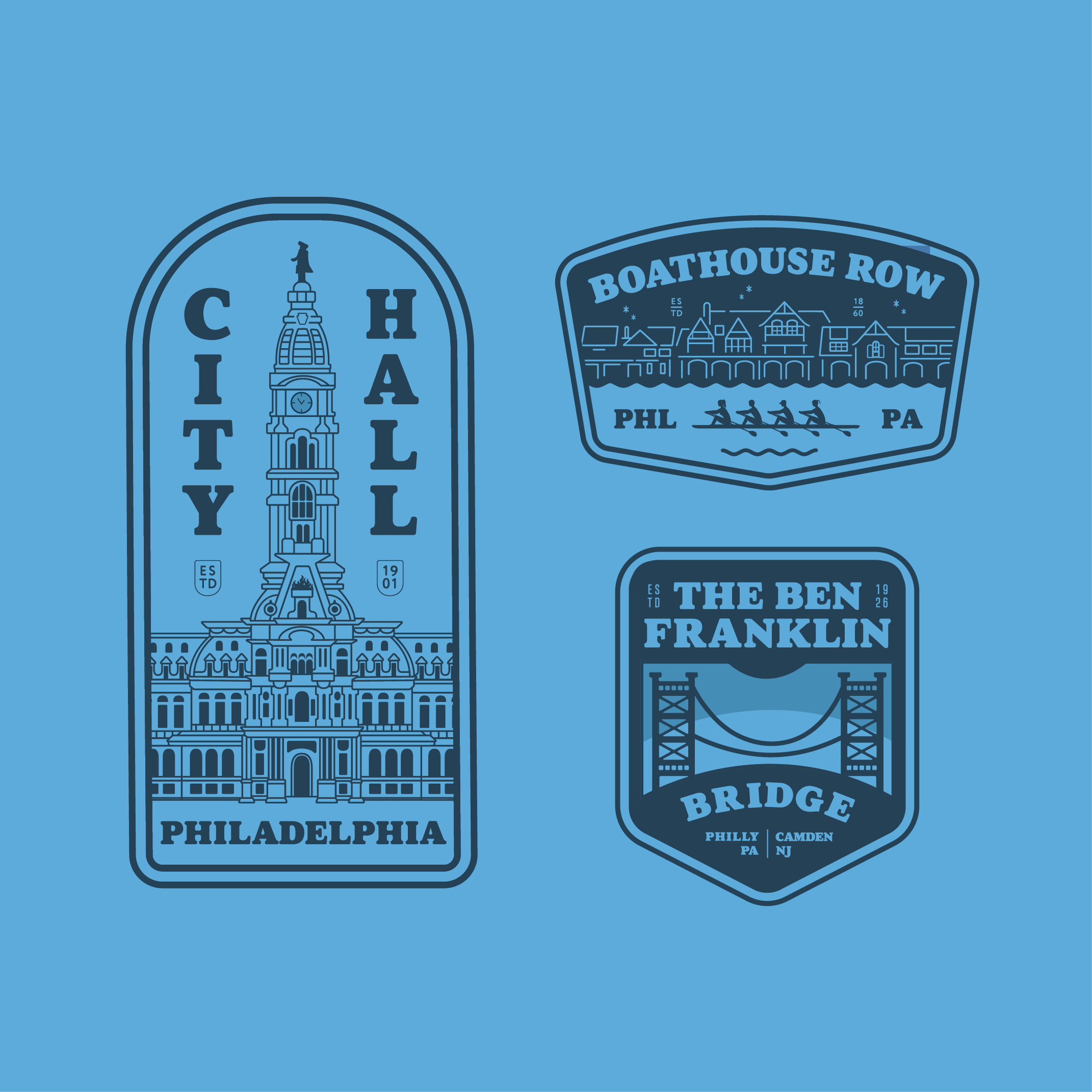 Philly Landmark Badges architecture badge ben franklin boathouse row branding bridge camden city hall clean landmark logo logo design new jersey patch pennsylvania philadelphia philly rowing t shirt design
