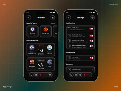 Football Live Scores App UI app design dark ui dashboard ui dashboard ui live score favorites page football app football ui match tracking mobile app mobile ui product design settings page sports app ui design ux design uxui
