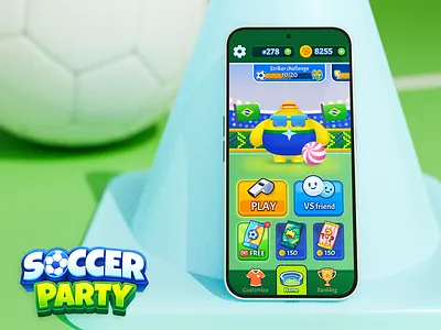 Soccer Party Mobile Game Home Screen 2d 3d app cards casual character design game game app home illustration menu mobile mobile game screen soccer sport sports ui ux