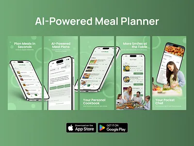 AI-Powered Meal Planner – Mobile App UI Design ai assistant for cooking ai meal planner app store ready design digital cookbook interface food mobile application healthy lifestyle app mobile ux design modern food app ui nutrition app ui personalized meal planning recipe discovery app smart cooking app weekly meal planner