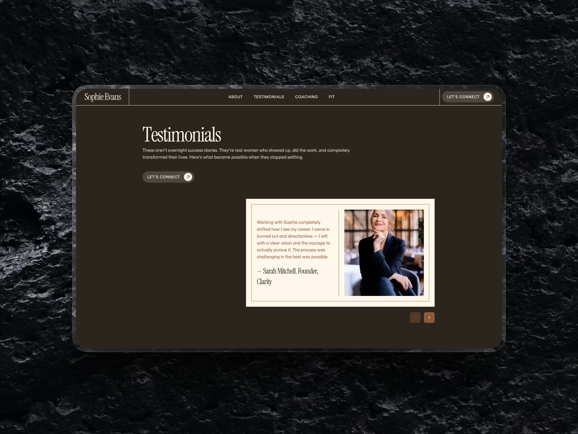 Example of Testimonials Section UI — Dark Mode Personal Brand Web Design