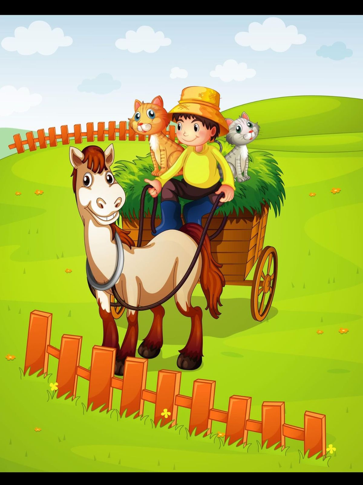 Adventure on the Farm | Children's Book Art 2d character book cover design cat character childrens book illustration childrens illustration niche countryside scene cute animals digital illustration educational media farm illustration horse and carriage kid lit artist kids character design little farmer narrative art picture book art playful art storybook artist vector art vibrant colors