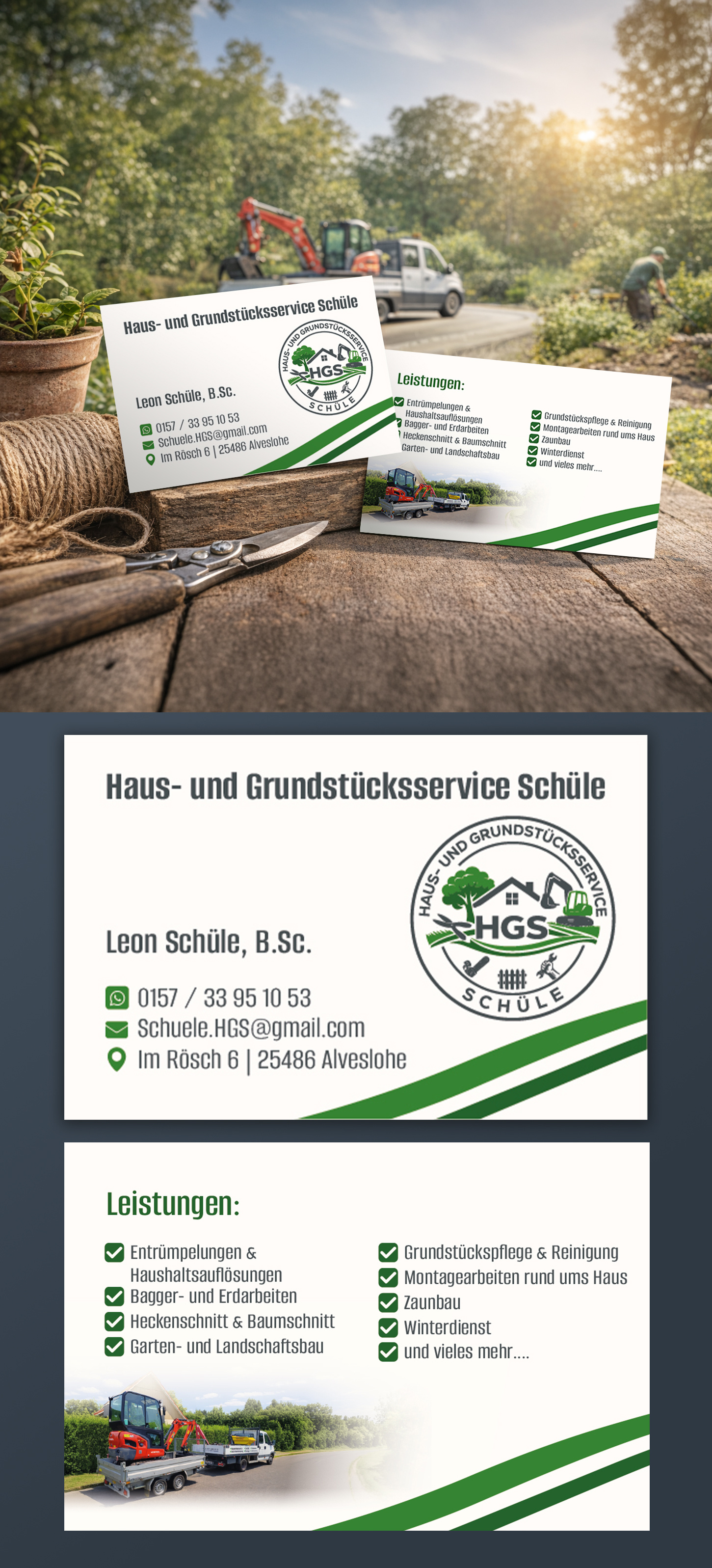 Property & Grounds Service — Two-Sided Business Card business card card design cmyk contact card double sided gardening grounds maintenance landscaping logo integration print ready professional property services service icons trades branding vector source