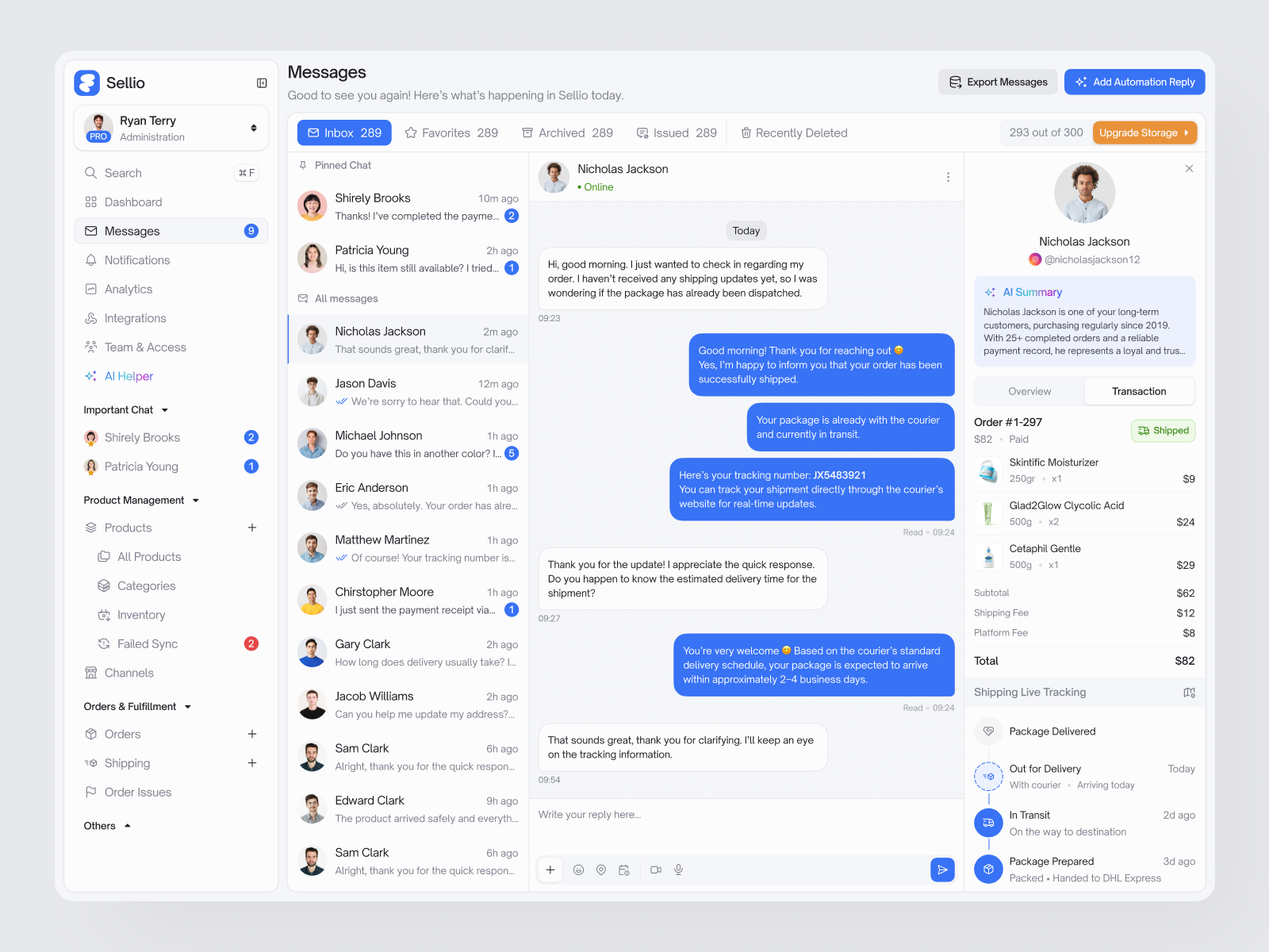 Example of Sellio - E-Commerce Dashboard Management [Messages Page]