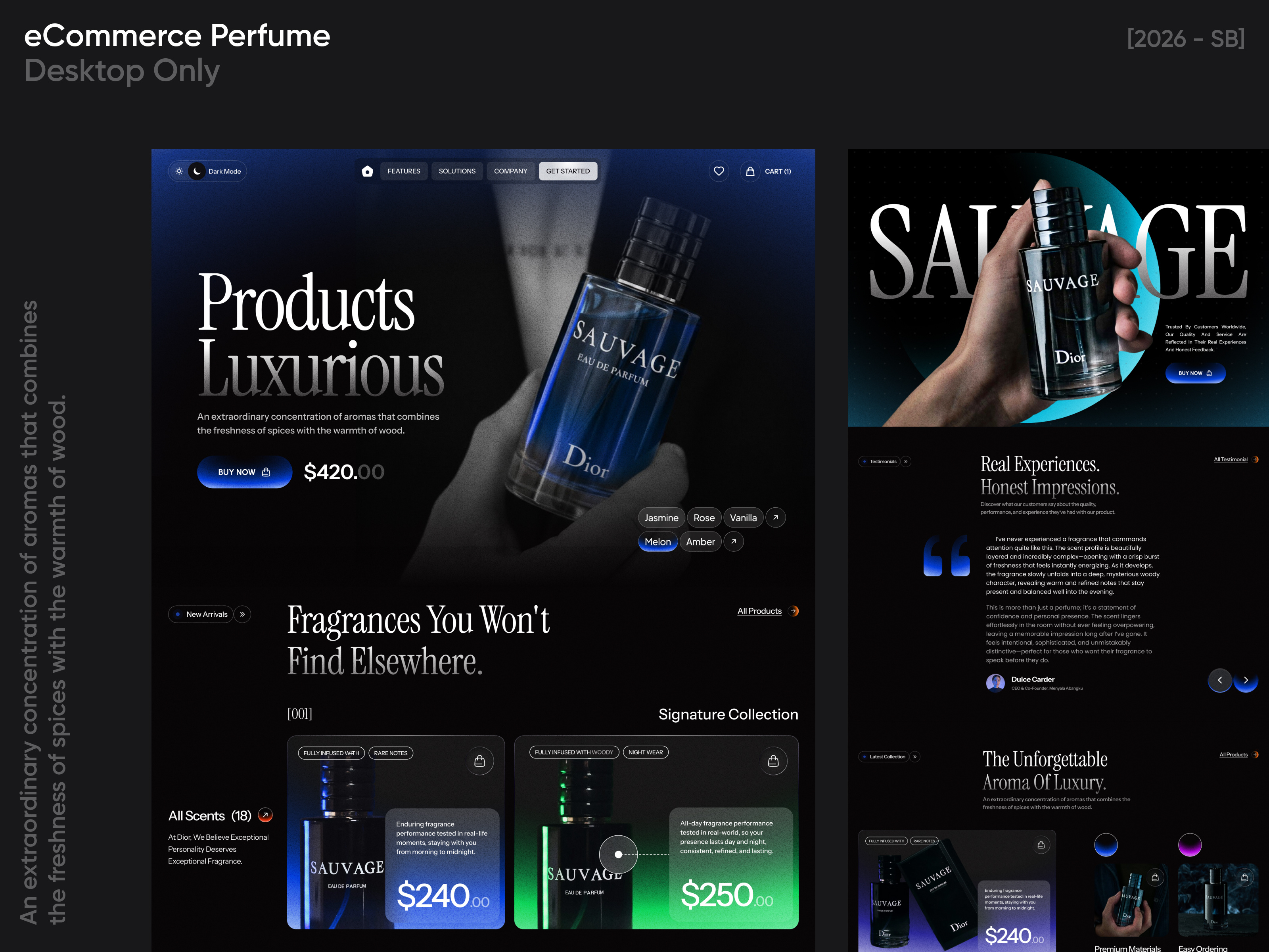 Luxury Perfume Fragrance eCommerce branding dark design ecommerce fragrance framer landing luxury mode modern online page perfume shop store ui webflow website wordpress