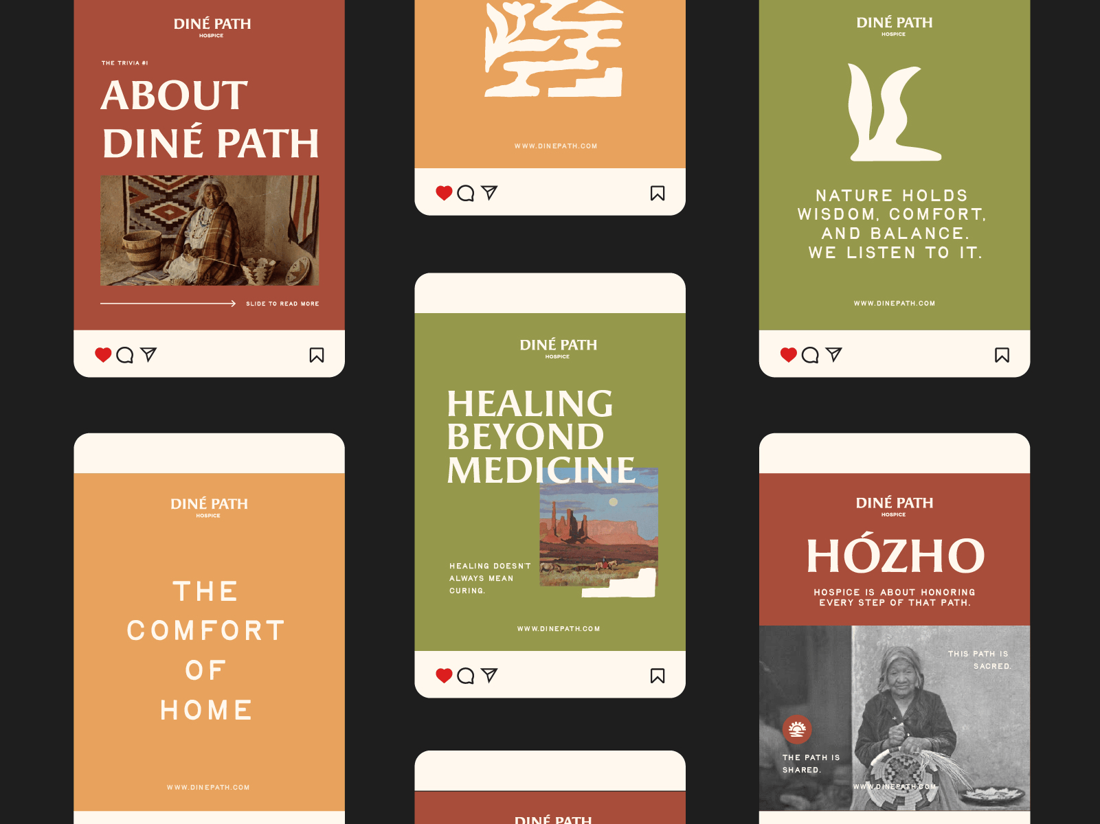 Diné Path Hospice: Social Media Brand System brand consistency brand identity brand social brand system branding branding inspiration compassionate care content design cultural branding design system digital branding earth tone palette editorial design healthcare branding hospice care modern heritage social media design typography design visual identity wellness branding
