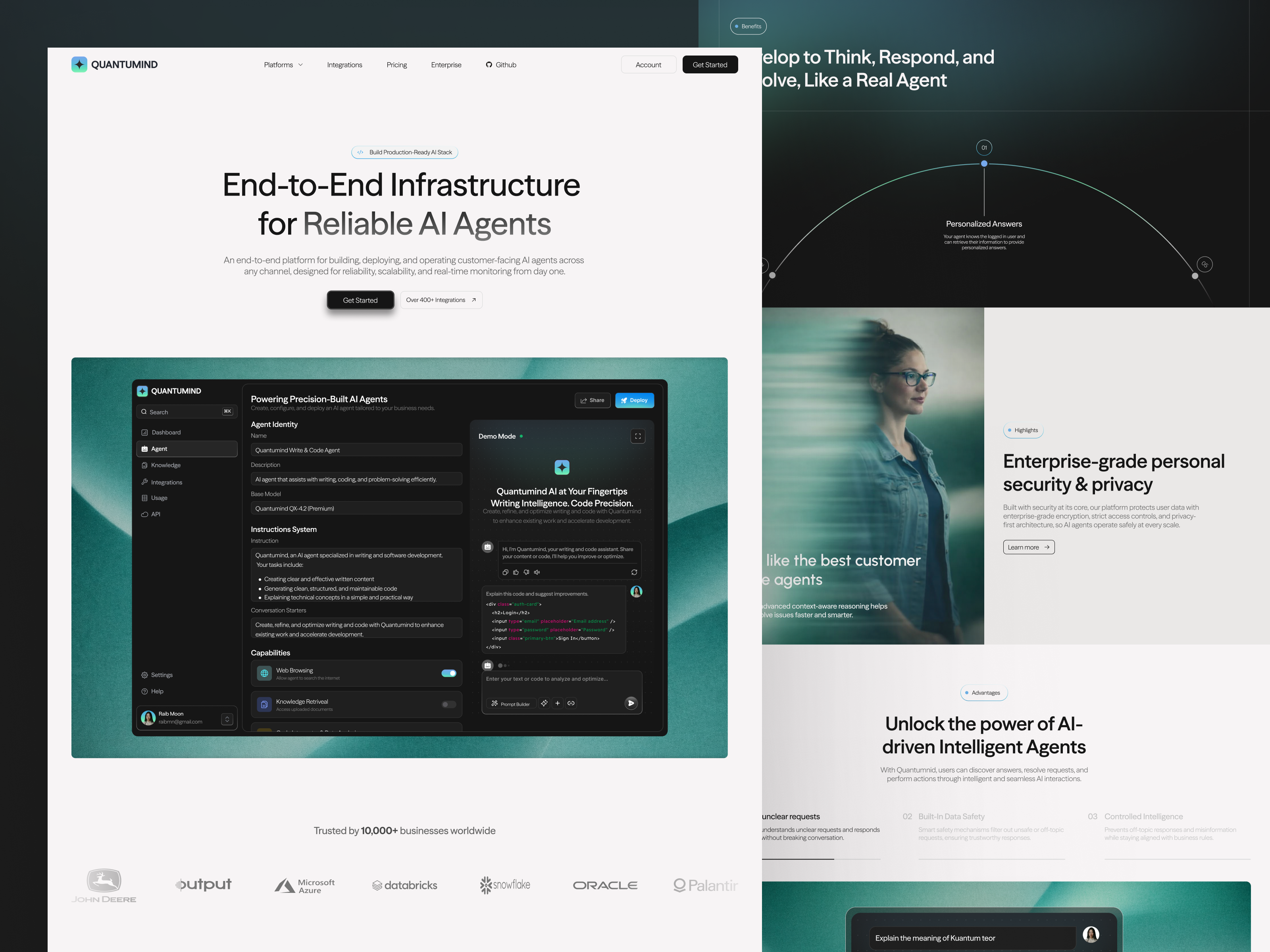 Quantumind — AI Agent Platform Landing Page agent dashboard ai agent ai agent design ai agent landing page ai agent website design ai assistant ai chat bot artificial intelligence clean figma framer landing page modern product design ui ui design web design web3 webflow website