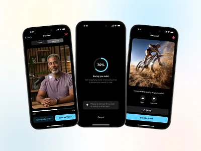 Noise Reducer App – Audio Processing & Export Flow app export flow audio export screen audio preview interface audio processing ui creator tools app dark mode mobile app figma mobile design ios app interface media processing app mobile app ui design mobile audio editor noise reduction app podcast editing ui ui ux case study voice enhancer app