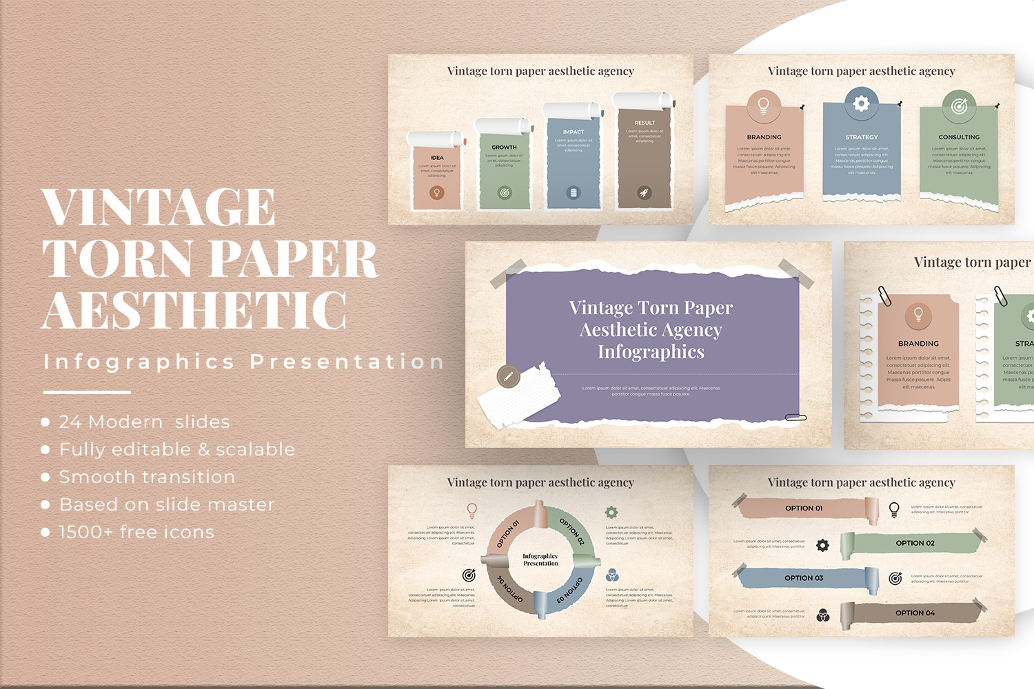 Vintage Torn Paper Aesthetic Agency Infographics aesthetic agency branding collage creative design editable infographics layout marketing paper presentation retro scrapbook slides style template torn paper vintage visuals