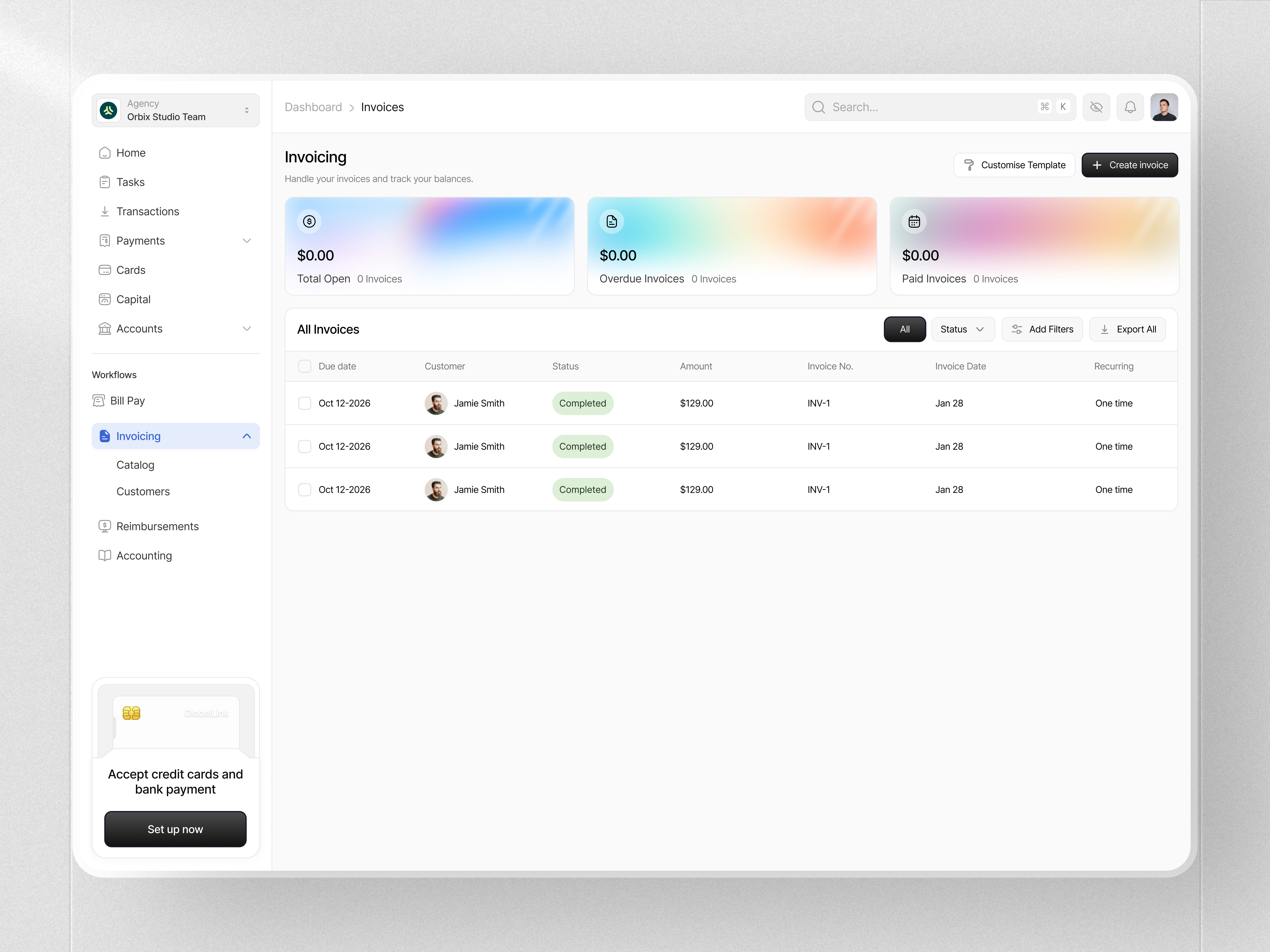 Modern Invoicing Dashboard Management System accounting dashboard billing dashboard design business management dashboard clean admin dashboard dashboard finance web app fintech dashboard fintech web design invoice management system invoice tracking interface modern invoicing dashboard orbix studio payment management dashboard product design saas admin panel web application ui design web design website