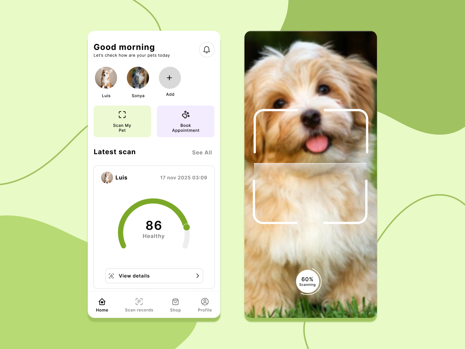 Pet Care App — Health Scan UI app app design application ui uidesign uiux uiux design