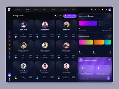 Client Management SaaS Dashboard UI admin panel analytics client management crm dark mode dark ui dashboard interface design modern ui product design saas startup ui design ux design web app