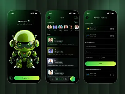 Personal AI Coach App – Futuristic Mobile UI 3d character ai app ai assistant ai chatbot app ui chat app ui coaching app dark mode ui dashboard ui fintech ui futuristic design mentor app mobile mobile app design mobile interface neon ui payment ui product design ui design ux design