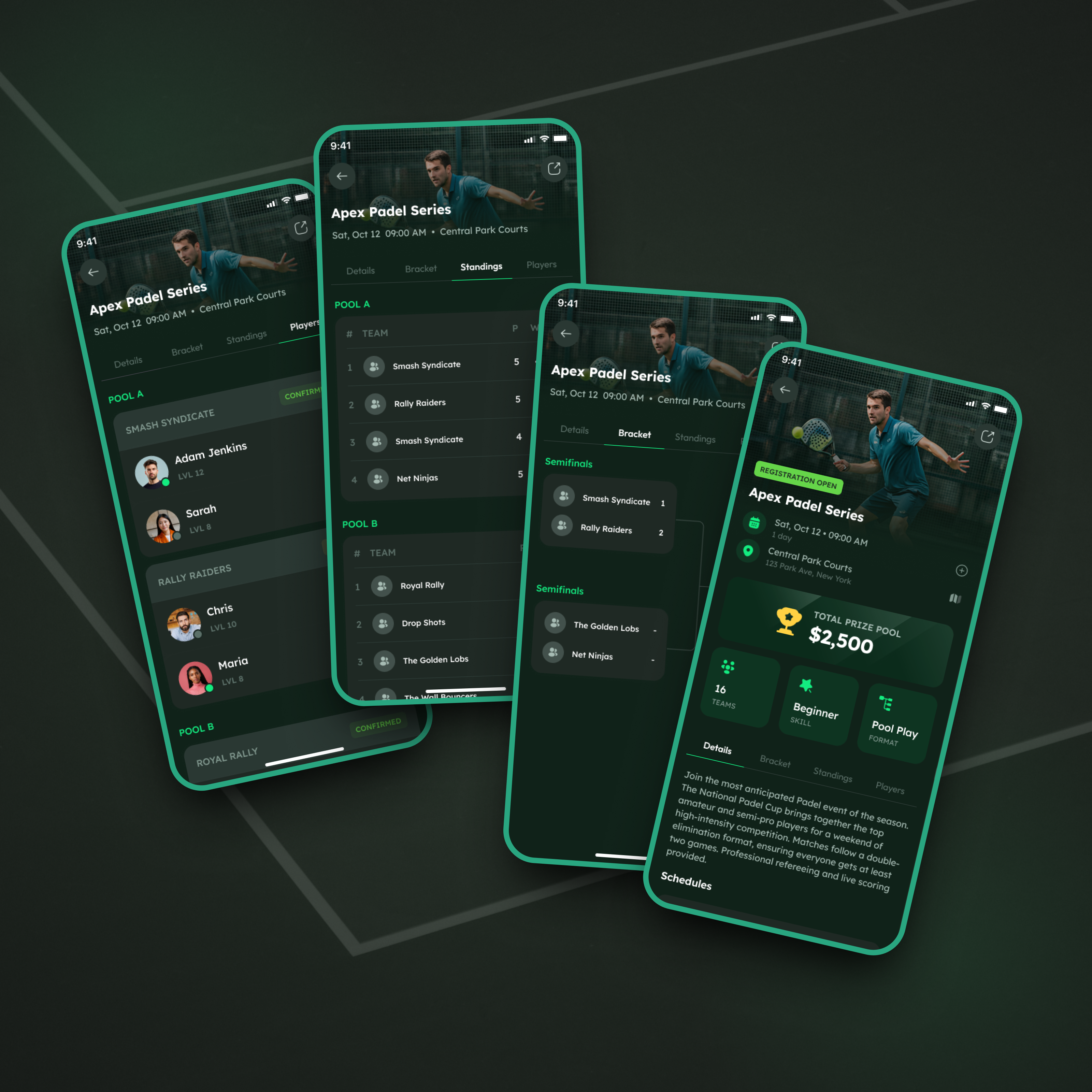 Social Sports Competition/Tournament Mobile UI bracket ui competitions dark ui mobile app product design reclub social sports sports app tournament app ui design