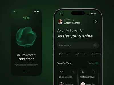 Voxa — AI-Powered Smart Assistant ai app assistant automation chat conversation design home meeting message mobile movie productivity smart splash ui ux voice watching