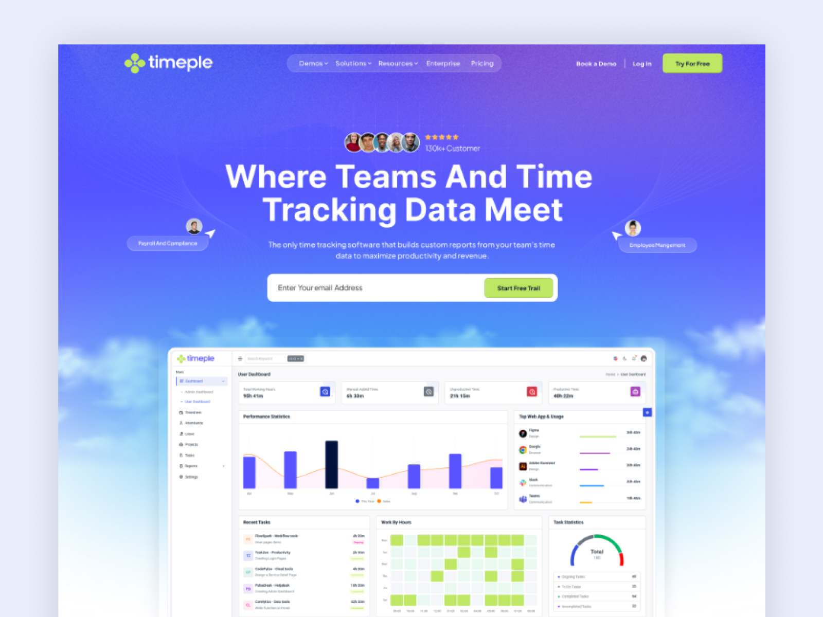 Time Tracking SaaS Landing Page b2b saas dashboard ui data analytics ui figma design minimal ui modern web design productivity app project management saas design saas landing page startup website time tracking ui ux design web app design