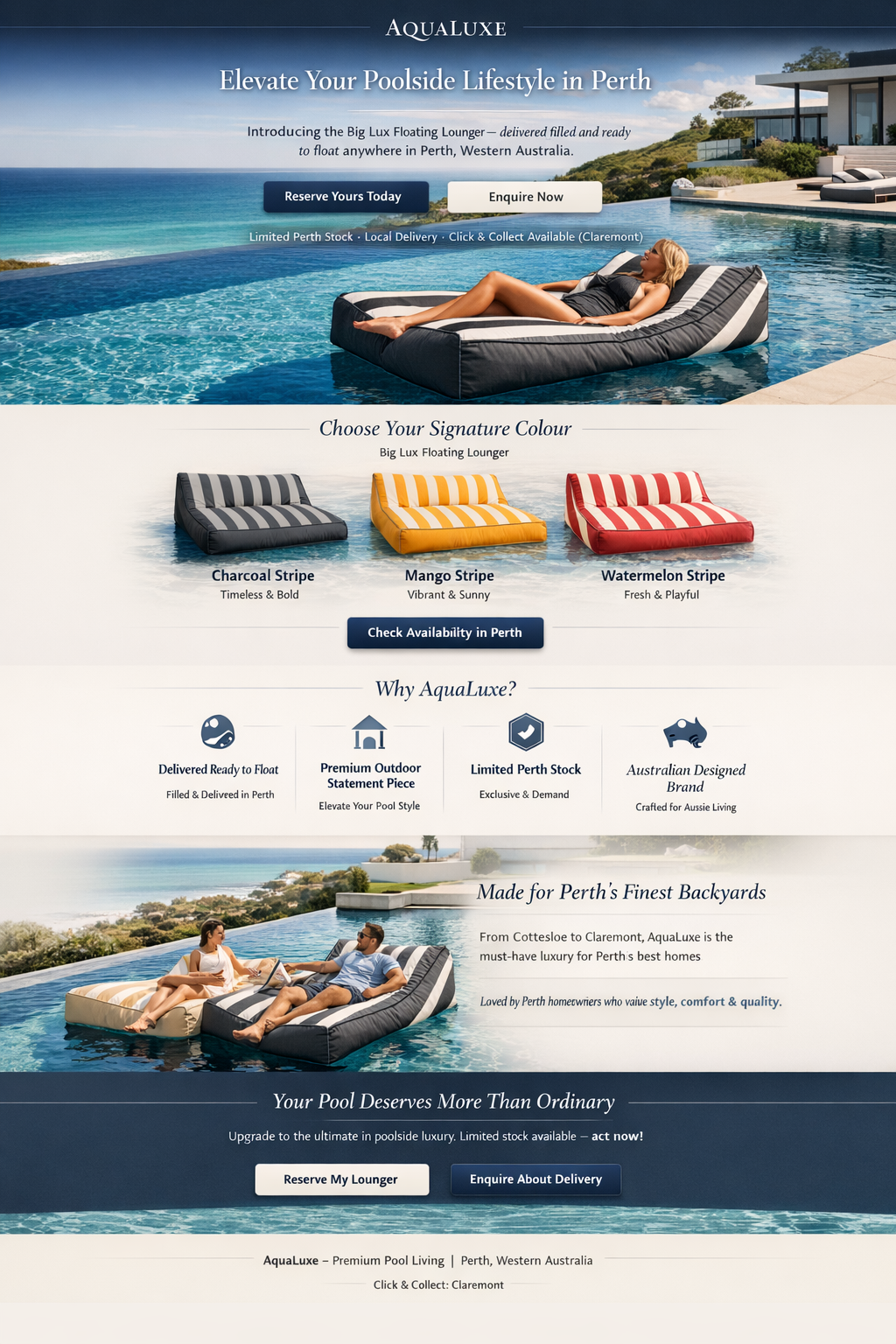 Luxury Pool Lounger Landing Page business website design conversion rate optimization custom website design ecommerce landing page facebook ads landing page figma website design freelance web designer high converting website instagram ads landing landing page design lead generation website luxury brand website mobile first design modern web design premium website design product landing page sales funnel design ui ux designer website redesign wordpress website