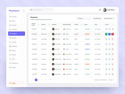 Payment Management Dashboard UI app banner cards chart clean dashboard design kpi search ui ux