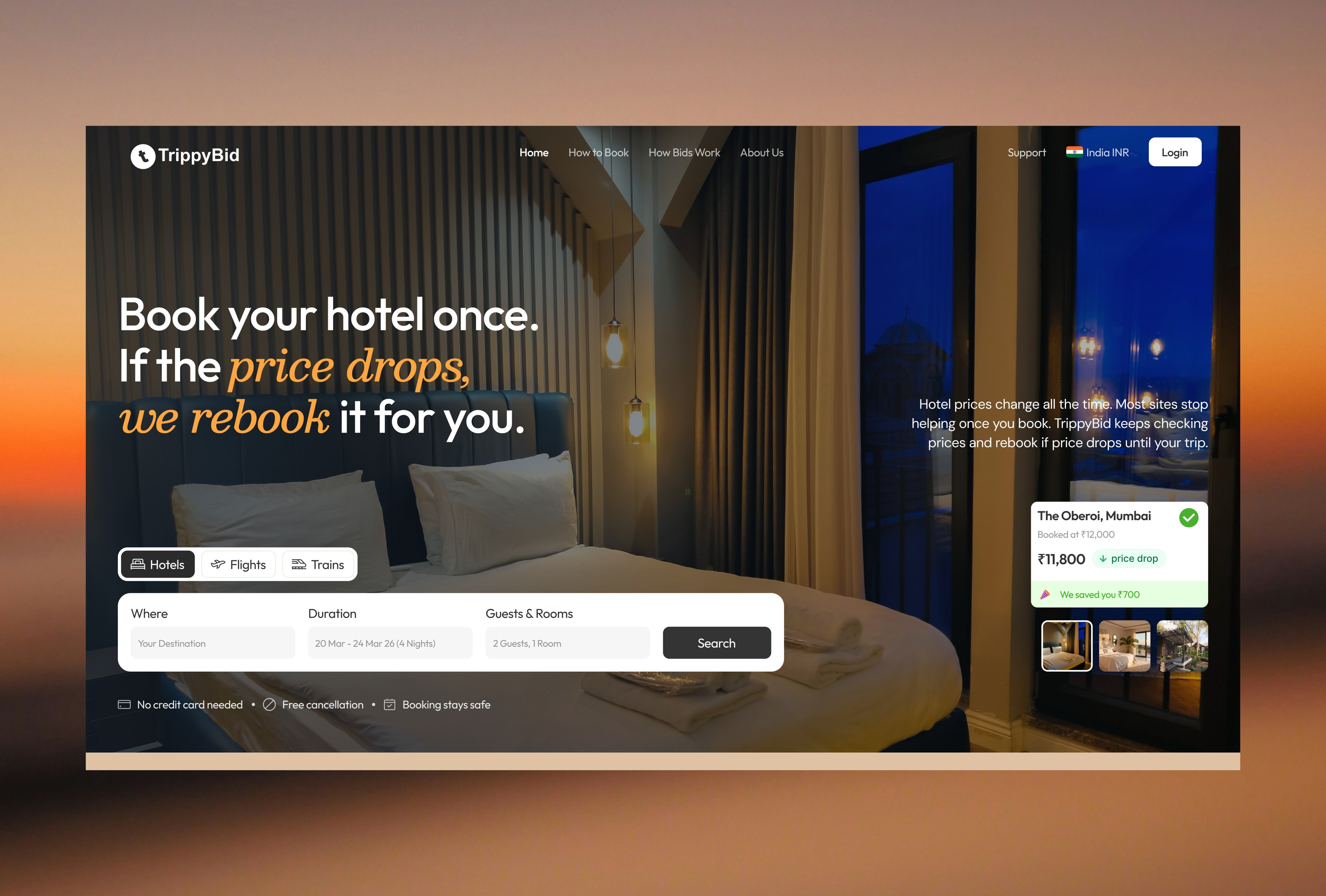 TrippyBid hotel booking landing page booking platform branding conversion design figma hero section hotel booking interaction design interface design landing page product design responsive design saas design startup design travel website ui design ui ux ux design visual design web app web design