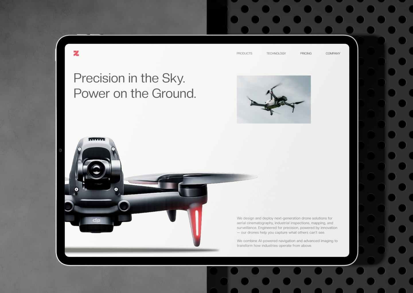 Drone Technology Website Hero Section – Modern SaaS Landing Page aerial photography aerospace ai technology clean design drone drone technology figma design hero section industrial tech interface design landing page minimal design modern website product design saas design tech startup uav ui design ux design web design