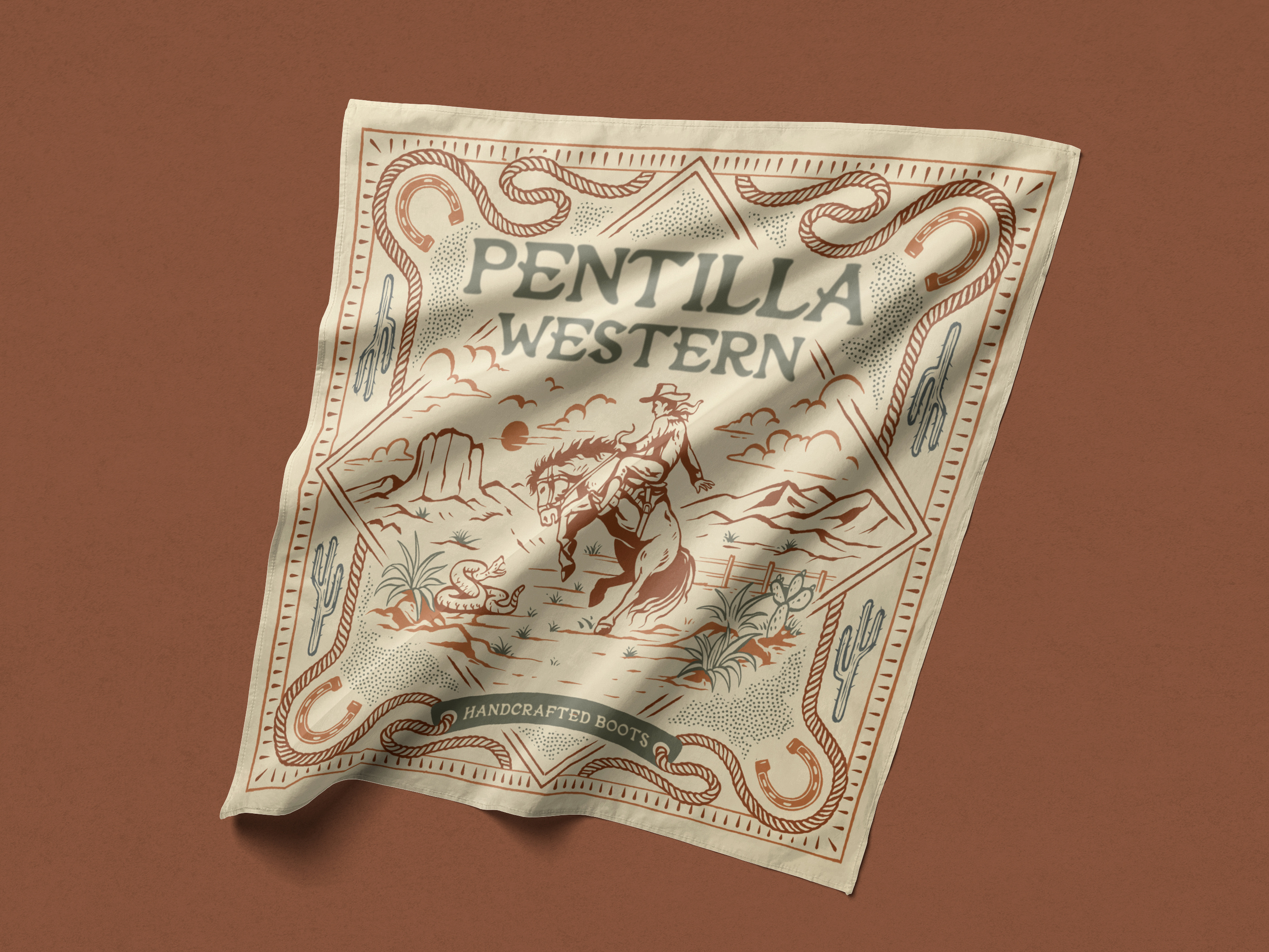 Vintage Western Scarf for Pentilla apparel artwork bandana branding cowboyart desert design hand drawn hand drawn illustration handcraftedboots illustration merchandise outdoorgear retrodesign scarf scarfdesign vintage ilustration vintage merch vintagewestern western