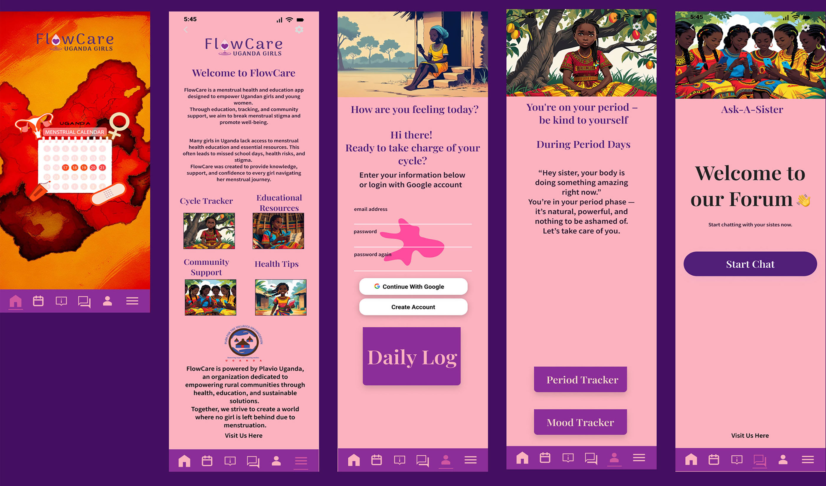 Flow Care App african girls design contra competition cultural validation design empathetic ux feminine health ui figma make ai figma prototype flow care logo heart drop logo low resource design menstrual health app mobile app design nonprofit health app offline health app period tracking pink purple branding stigma free health swahili app uganda healthcare womens health design