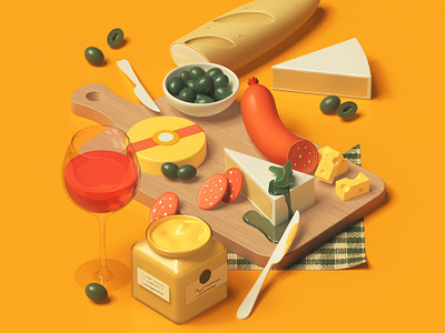 Cheeseboard 3d batch cheese digital folioart food illustration line vector wine