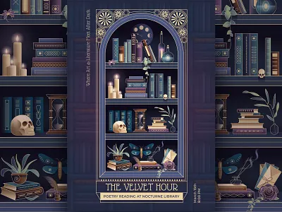 Poetry reading event poster in Dark Academia style alchemy antique bookshelf art nouveau astrology bookshelf cabinet branding celestial colors dark academia design editorial illustration gothic design graphic design illustration luxury branding mystical library ornate frame poster illustration tarot vector