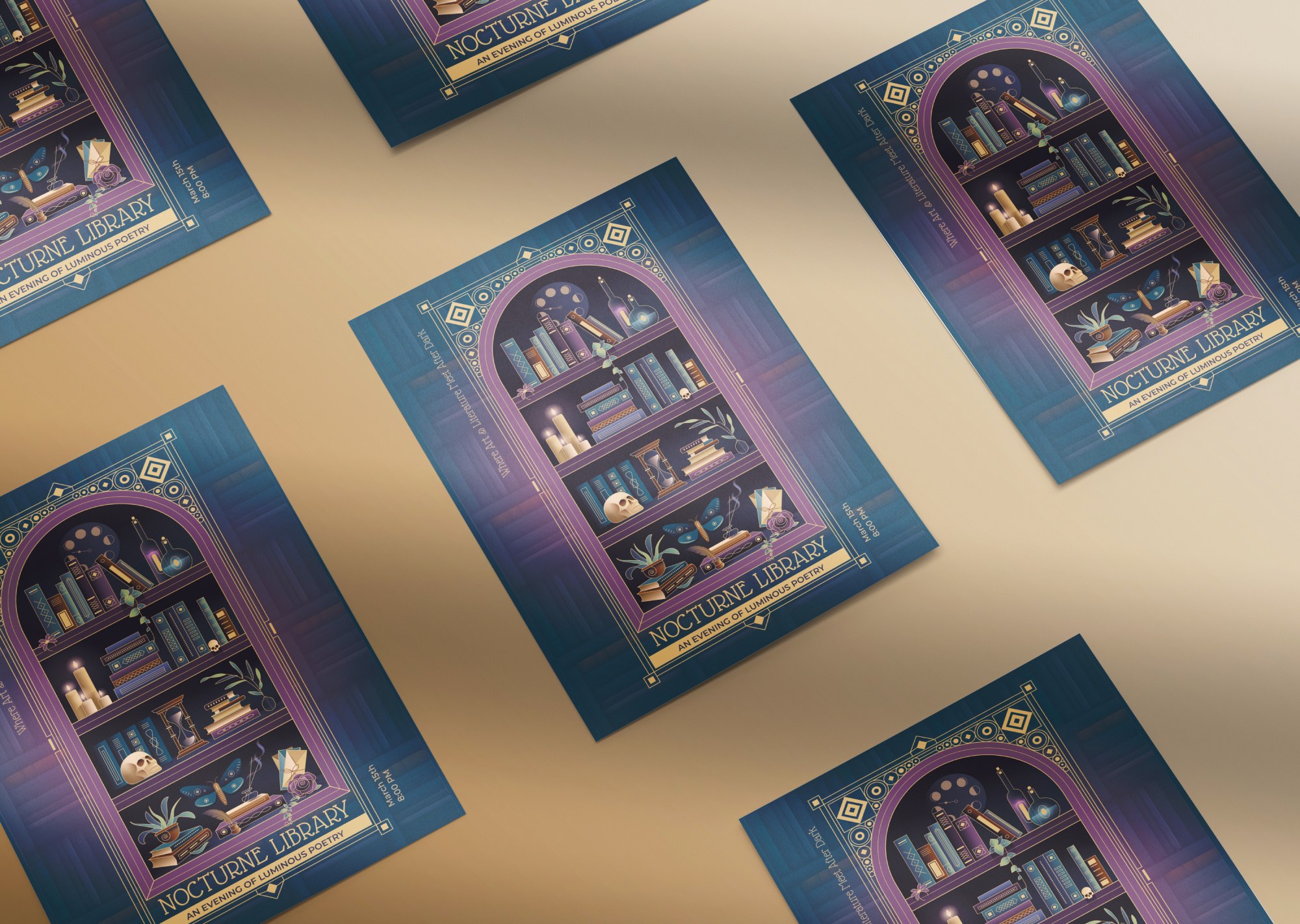 Poetry reading event flyer design in Art Nouveau style antique bookshelf cabinet art nouveau astrology branding colorful colors dark academia design editorial illustration flyer design gothic illustration luxurious mystical library ocult ornate frame poster illustration tarot vector vintage