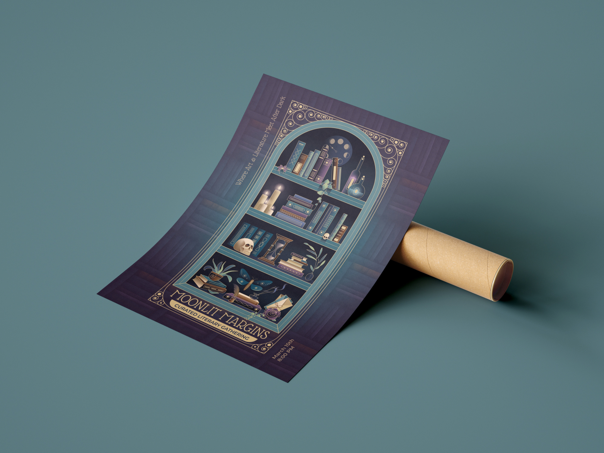 Literary Gathering event poster in Art Nouveau style art deco art nouveau astrology bookstore branding branding celestial colors dark academia design editorial flyer design gothic design illustration library branding line art luxurious mystical poster design tarot vector