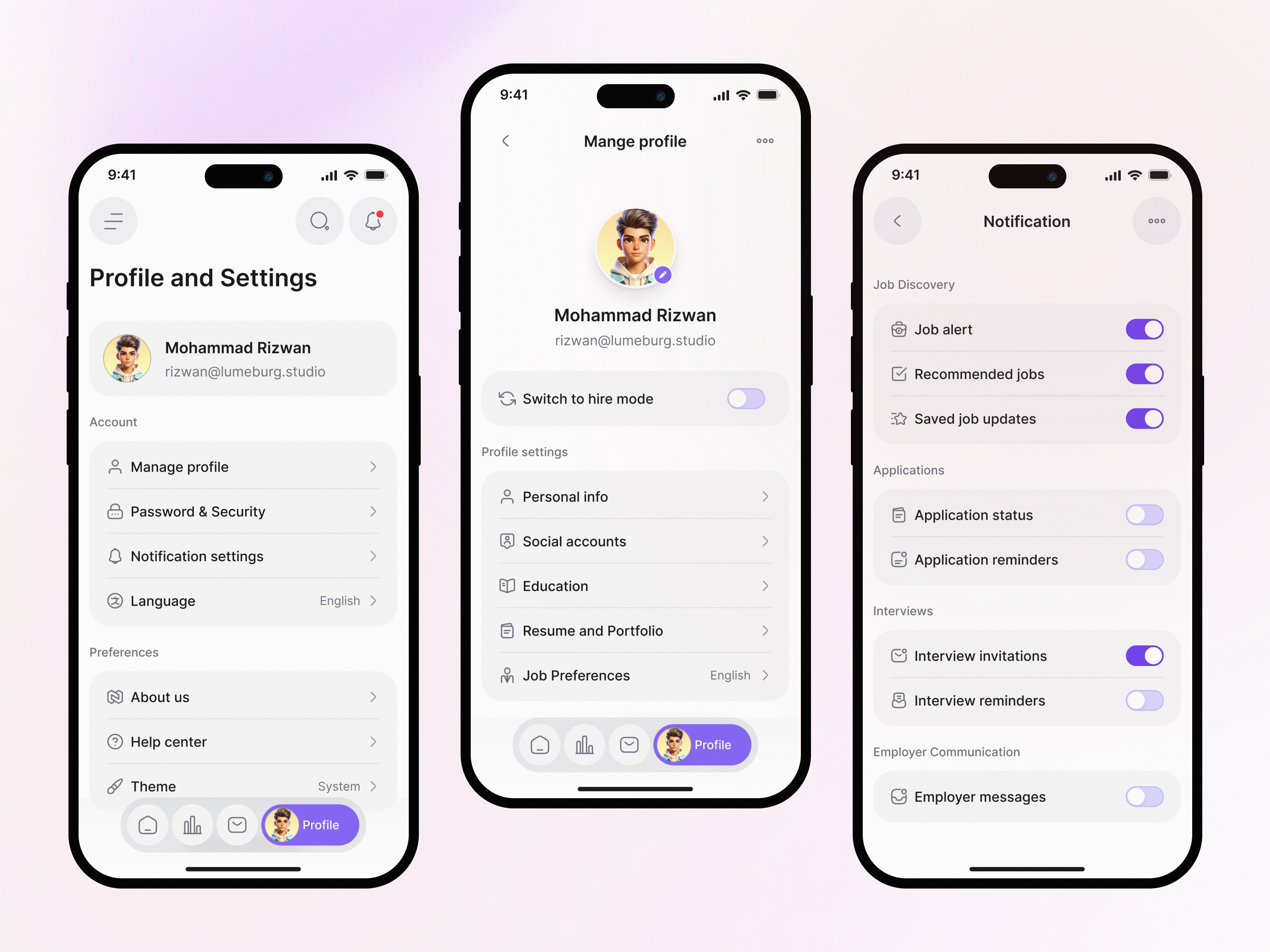 Qareer - The UX of Control & Customization app concept app design career control design find job hiring job portal job post job search mobile app mobile app ui ux notification settings product ui ux profile settings settings ui ux ui ux design ui ux designer user profile
